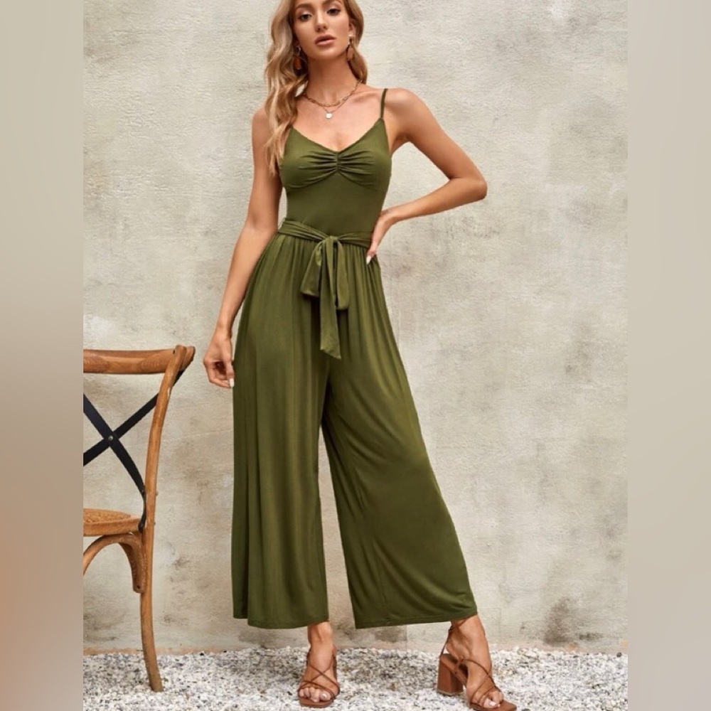 Belted Ruched Chest Wide Leg Cami Jumpsuit
